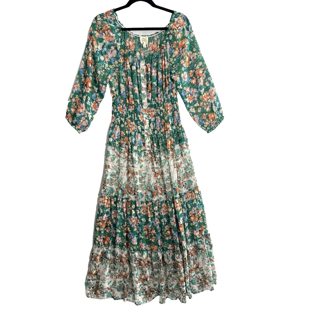 FIG FLOWER Women Floral Smocked Tiered Sheer Maxi Dress Sz M Green 11-10